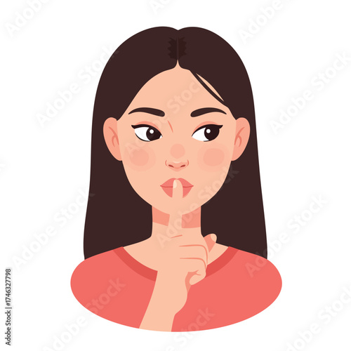 a girl placing one index finger in front of her lips, asking for silence with a slightly mischievous look in her eyes