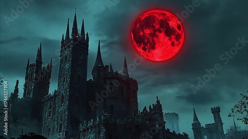 Red moon above dark medieval castle