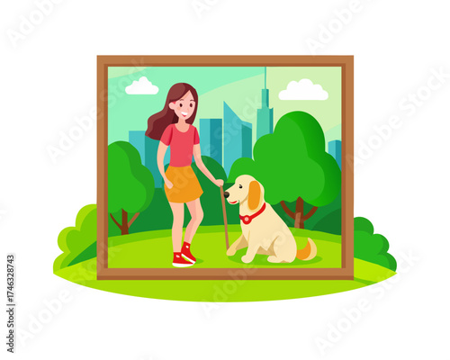 Frame with a beautiful girl with a beautiful dog in a park on green grass.