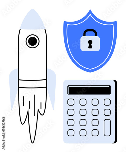 Rocket symbolizing progress, shield with lock for security, and calculator for analytics. Ideal for innovation, technology, finance, data protection, growth strategy, cybersecurity simple flat