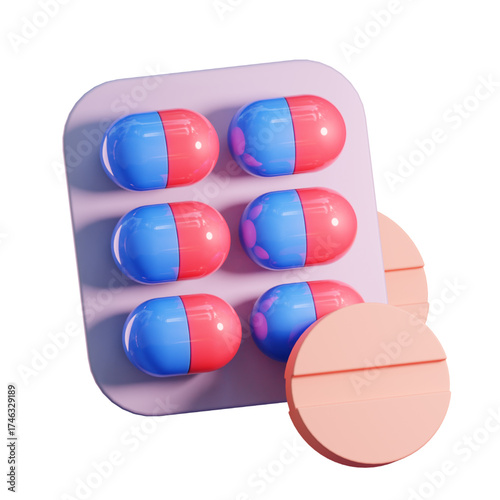 3D rendered image of a blister pack containing pills and two loose tablets.