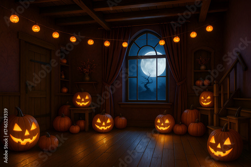 Halloween interior with glowing pumpkins candles and warm string lights in dark wooden room festive decoration