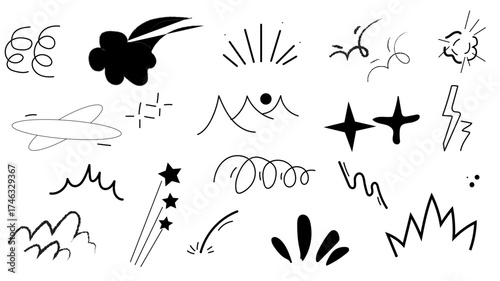 Set of cute pen line doodle element vector. Hand drawn doodle style collection of speech bubble, arrow, firework, star, heart. Design for decoration, sticker, idol poster, social media.