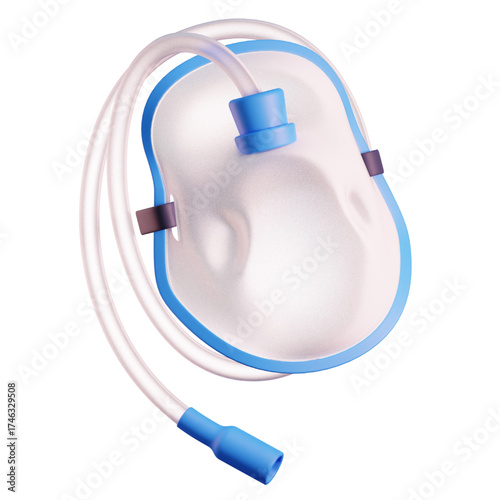 A stylized 3D render of a medical oxygen mask with a blue frame and tubing, isolated on a white background.
