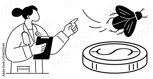 Female doctor pointing at an insect flying over a coin, holding a clipboard. Ideal for economic challenges, environment, health, pest issues, analysis, research, solutions simple flat metaphor
