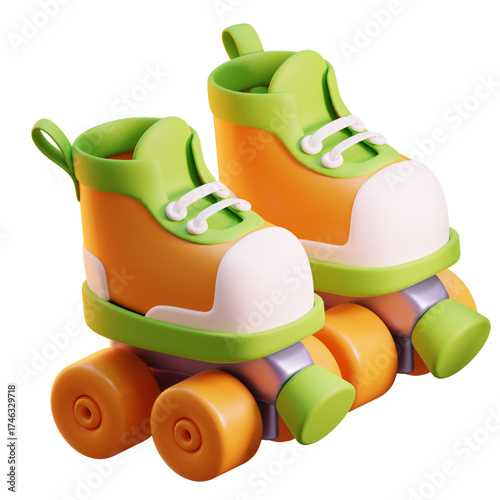 Cartoon roller skates with orange boots and yellow wheels, 3D render.