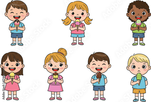 Cartoon children holding ice cream cones with happy and sad expressions, colorful summer treat illustration for emotional contrast concept