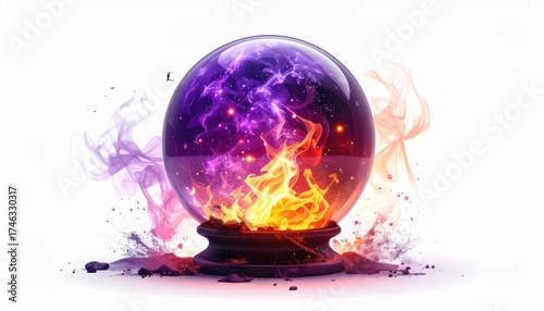 Crystal Ball Displaying Fiery Flames And Galaxy Nebula On White Background