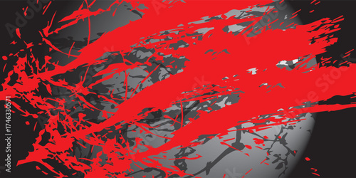 Abstract Red Splatter Over Camouflage-Like Grey and Black Background.