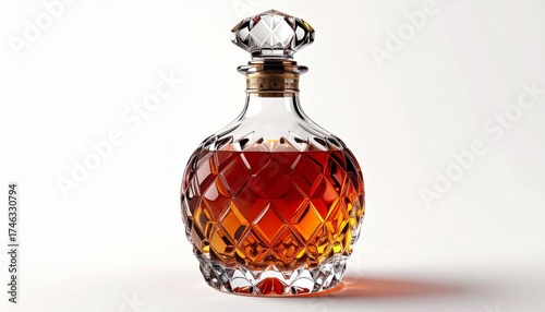 Elegant Glass Decanter Filled with Amber Liquid on Bright Background