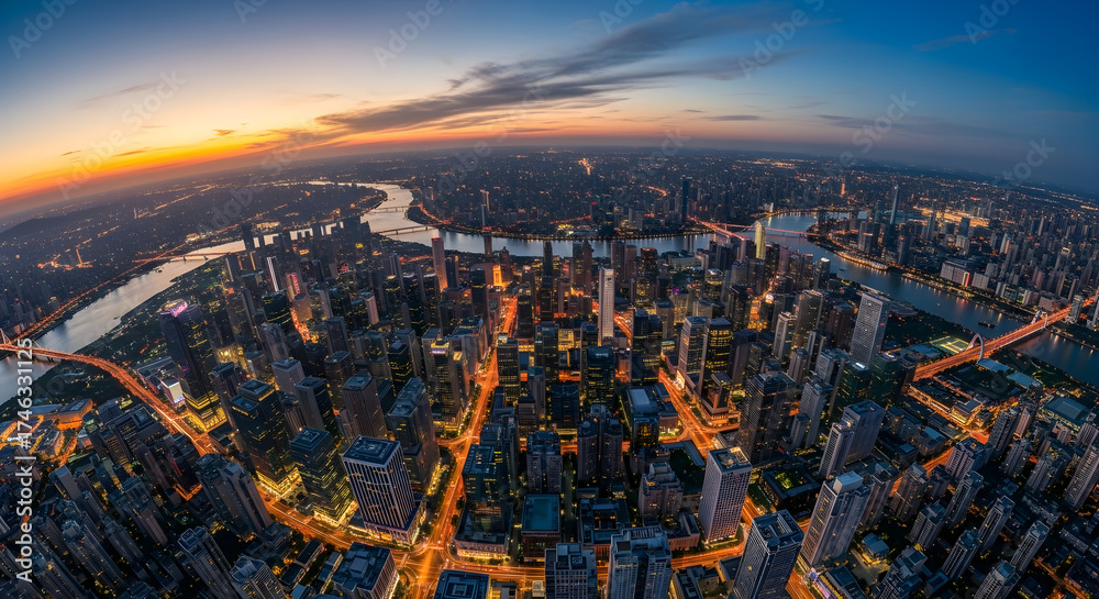 Obraz premium Panoramic aerial view of the photo cityscape at dusk highlighting the serene river and urban skyline