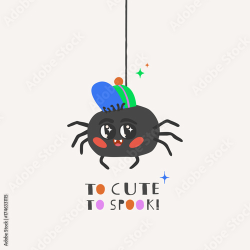 To cute to spook lettering. Vector illustration cute spider in a cap. Halloween emblem, banner, calligraphy poster, greeting card, party invitation.
