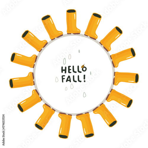 Hello fall lettering. Vector illustration yellow rubber boots in the form of a wreath. Thematic emblem, banner, calligraphy poster, greeting card, party invitation.