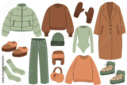 Winter fashion outfit set. Cozy womens clothing collection including coat, sweaters, puffer jacket, jeans, mittens, hat, earmuffs and boots. Perfect for seasonal design and fashion illustration