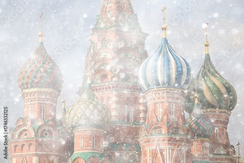 Photography winter moscow snowfall, Kremlin, white background with snow abstract backdrop in