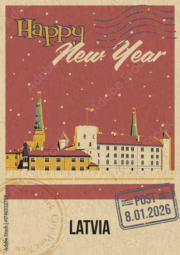 Happy New Year Latvia Tourist Attraction Greeting Card, Riga Castle Illustration. Vector Template Retro Style Postcard. Postal Imprint, Aged Paper Texture, Snow