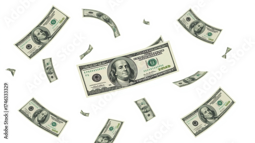Floating 100 Dollar Bills – Realistic 3D Rendering on Clean White Background