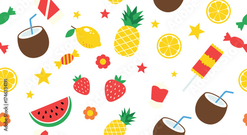 A vibrant summer pattern with tropical fruits and sweet treats.