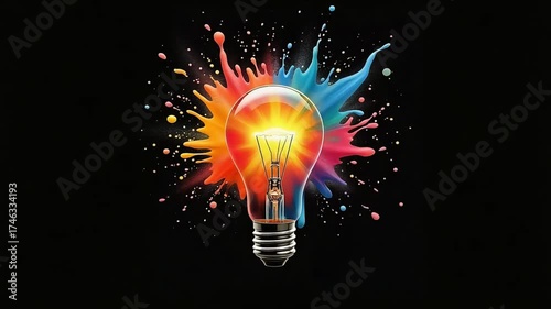 Glowing filament light bulb surrounded by vibrant rainbow-colored smoke and colorful powder paint explosions on a dark background.
