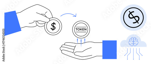 Hand exchanging coin labeled token, symbolizing digital assets. Cloud and brain representing AI, finance, innovation. Ideal for blockchain, fintech, digital economy, AI payment tech simple flat