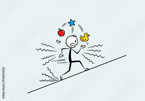 Anxious stick figure juggling multiple objects while running uphill.