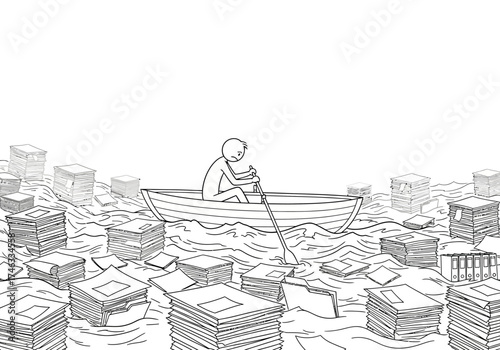 A lonely person in a small boat navigating a sea of paperwork.