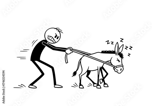 Frustrated Man Pulling a Sleeping Donkey Stick Figure Illustration.