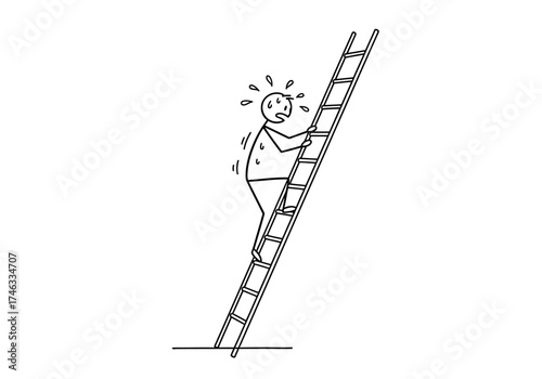 Person climbing a ladder with visible sweat and effort.