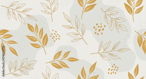 A gentle pattern of abstract organic shapes and delicate golden leaves.