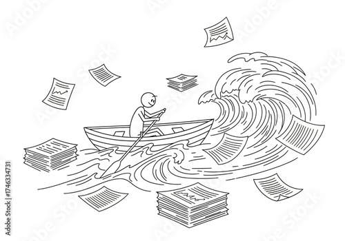 Overwhelmed by Paperwork - A Person Rowing Through a Sea of Documents.