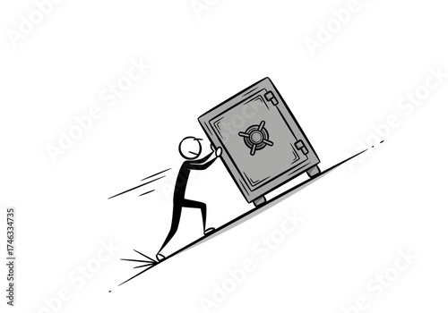 Person pushing a heavy safe uphill representing effort and struggle.