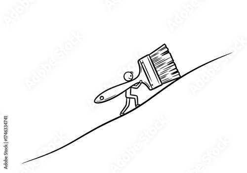 Person Pushing Large Paintbrush Upward Slope.