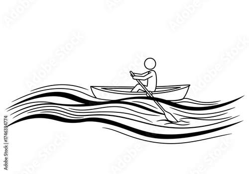 Person rowing a boat on wavy water.