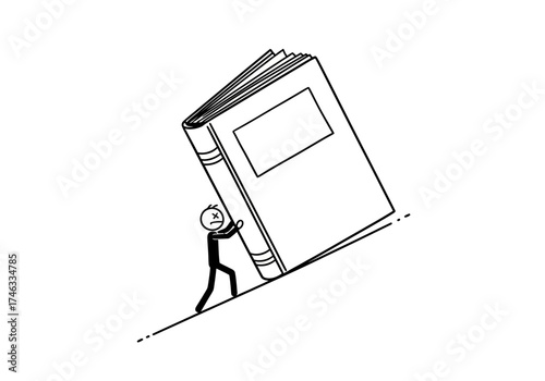 Person struggling to push a large book uphill representing knowledge and effort.