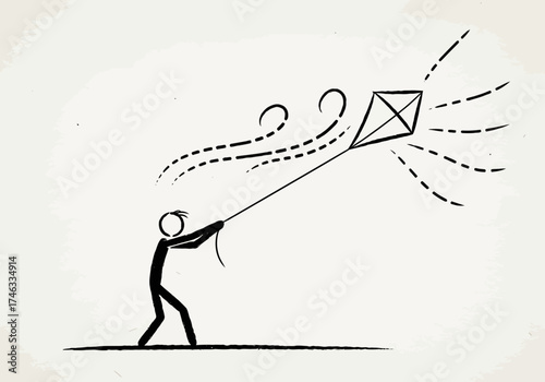 Stick figure flying a kite on a windy day.