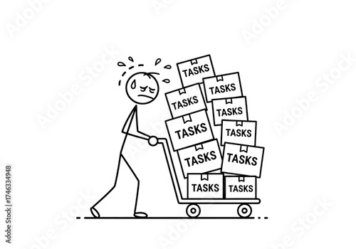 Stick figure overwhelmed by too many tasks pushing heavy cart.