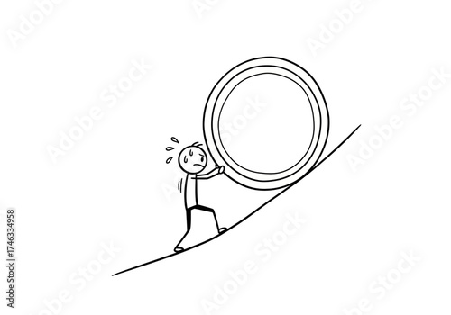 Stick figure man pushing a heavy round object uphill.