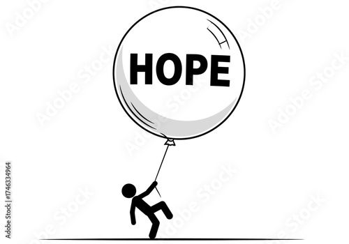 Stick figure holding onto a balloon with the word HOPE written on it.