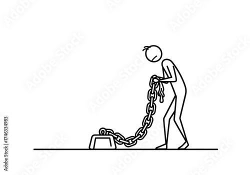Stick figure person burdened and dragging a heavy chain.