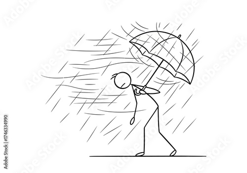 Stick figure person struggling with an umbrella in a storm.