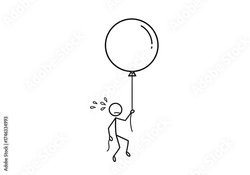 Stick figure person struggling holding onto a large balloon.