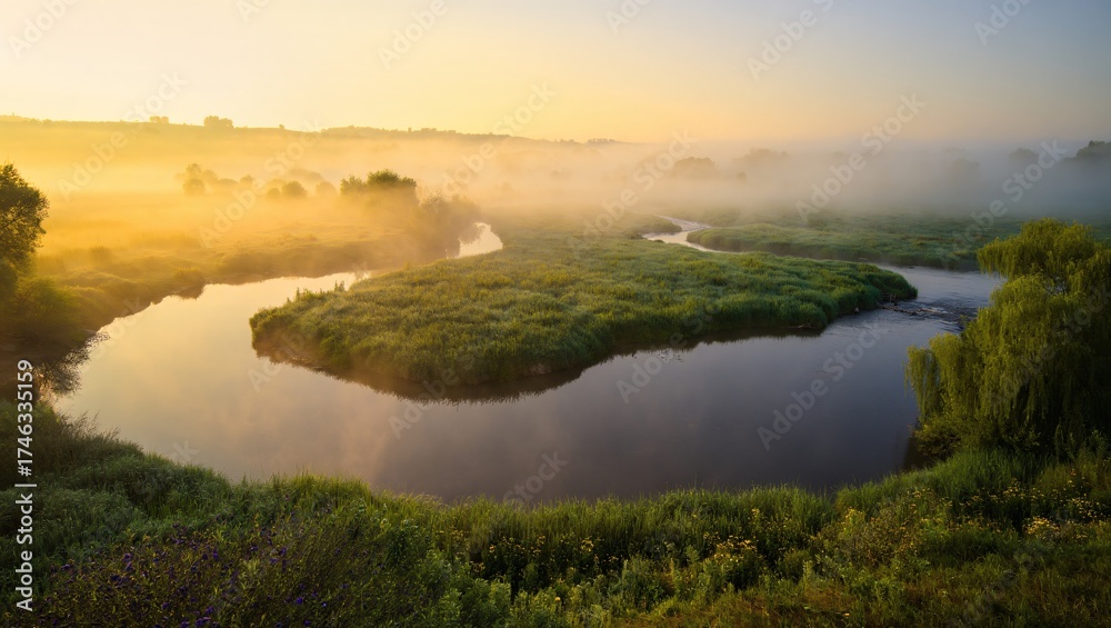 Fototapeta premium Winding River Through Misty Meadow at Sunrise with Golden Light dawn stream