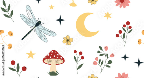 Enchanting celestial and woodland elements adorn this whimsical pattern.