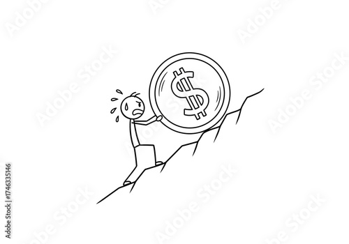 Stick Figure Struggling to Push Large Dollar Coin Uphill.