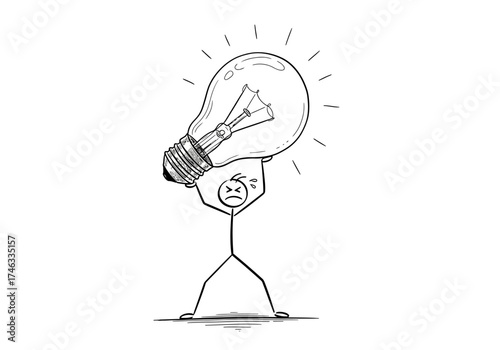 Stick Figure Struggling Under the Weight of a Bright Idea Lightbulb.