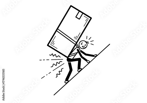 Stick Figure Struggling with Heavy Box on Inclined Plane.