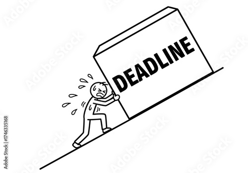 Stressed Person Pushing Heavy Deadline Block Uphill.