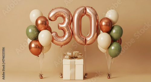 Celebration decor for a twenty fifth anniversary, featuring large metallic numeral balloons and a ribboned present