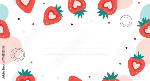 A delightful frame of fresh strawberries and abstract shapes forming a sweet summer border.