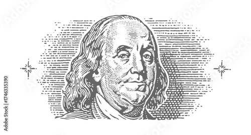 Benjamin Franklin Portrait Illustration. Vintage rough woodcut engraving linocut style vector illustration.